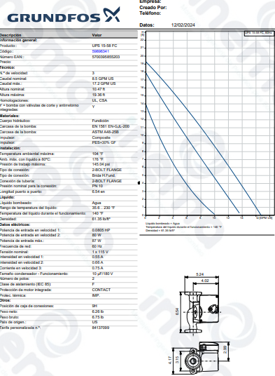 BOMBA RECIRCULADORA DE AGUA CALIENTE MARCA GRUNDFOS MOD UPS15-58FC 115V 1F
